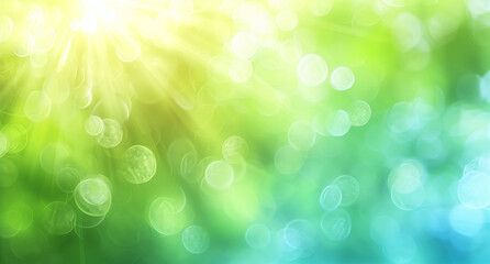 Wall Mural - Blurred background with blue, white and light green gradient. Abstract blurred nature landscape with sun beams.
