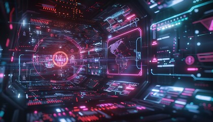 Poster - cyberpunk digital interface with blockchain icons and encrypted data streams