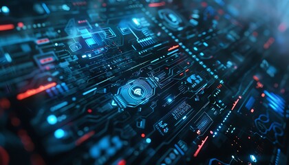 Poster - cyberpunk digital interface with blockchain icons and encrypted data streams