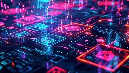 Poster - holographic blockchain interface with smart contract symbols and secure transaction visuals