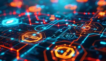 Poster - holographic blockchain interface with smart contract symbols and secure transaction visuals