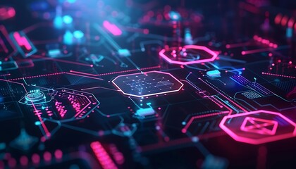 Poster - holographic blockchain interface with smart contract symbols and secure transaction visuals