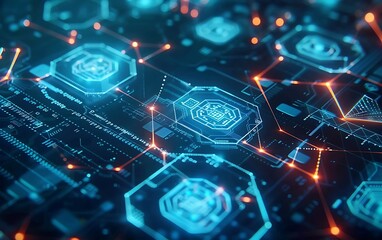 Poster - high-tech blockchain interface with encrypted transaction visuals on holographic screens