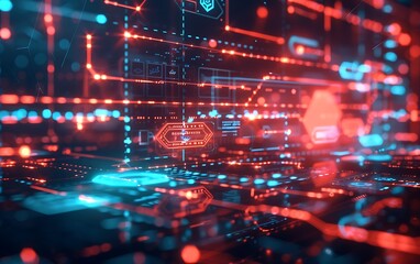Poster - digital interface showcasing blockchain icons, secure transaction paths, and virtual asset managemen