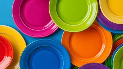Poster - A colorful stack of plates with a blue background. The plates are of different colors and sizes, creating a vibrant and lively atmosphere