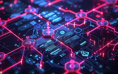 Poster - digital interface showcasing blockchain icons, secure transaction paths, and virtual asset managemen