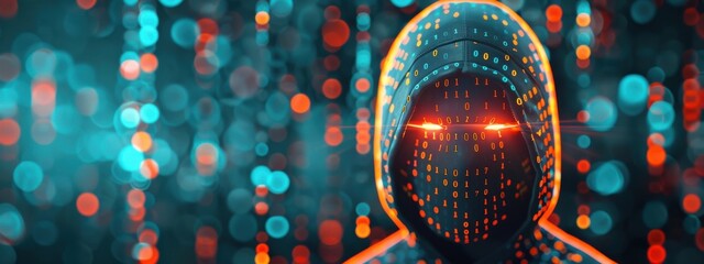 Poster - Hacker, double exposure, holographic digital security, dark background, modern tech