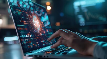 Poster - hands using a laptop with advanced cybersecurity features, data protection, security software
