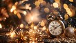 © LittleDreamStocks - Golden alarm clock with sparkle, bokeh, and Christmas ornament. New Year's celebration concept.