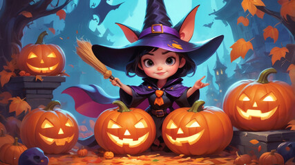 Wall Mural - cute witch girl in a hat with big ears holds a broom in her hands. against the backdrop of pumpkin lanterns for Halloween and autumn leaves