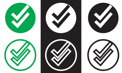 Wall Mural - Double checking icon. Green, black and white double tick, check mark. Flat done sticker icon isolated on white and black. Accept button. Good for web and software interfaces. EPS 10