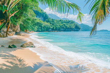 Wall Mural - Turquoise water gently lapping on a white sand beach in a tropical paradise