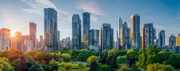 Wall Mural - Vibrant Cityscape with Towering Modern Skyscrapers and Bustling Urban Activity