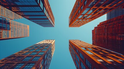 Poster - Towering Skyline of Sleek Modern Skyscrapers Framed by Bright Clear Blue Sky