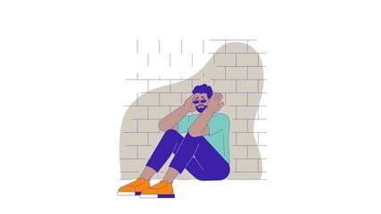 Poster - Anxious black man holding head against brick wall line 2D character animation. Panic attack flat color cartoon 4K video, alpha channel. African american guy unhappy animated person on white background