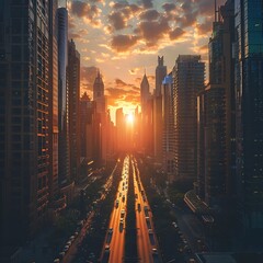 Poster - Stunning Sunset Skyline of a Towering Metropolis with Soaring Skyscrapers and Busy Streets Below