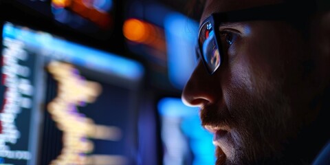 Poster - An IT professional analyzing cybersecurity threats on a computer screen, symbolizing data security and protection