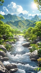 Wall Mural - 3D rendering of a beautiful river flowing through green grassy fields with lush trees and blue sky.