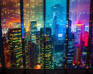 Wall Mural - Vibrant Cityscape with Glowing Skyscrapers Reflecting Colorful Night Lights