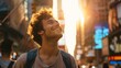 © Mikhail Vorobev - Happy young caucasian man gazing up at the bright sky in a lively city environment