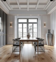 Canvas Print - A Chinese-style study room with wooden floors, white walls and windows on the front wall