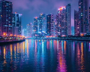 Poster - Mesmerizing Nightscape of Towering Skyscrapers and Vibrant Lights Reflecting on the River