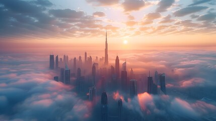 Wall Mural - Futuristic Skyline of Towering Skyscrapers Reaching into the Clouds at Dramatic Sunrise or Sunset