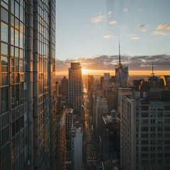 Poster - Towering Skyscrapers Glowing in the Warm Sunset Hues of a Vibrant City Skyline