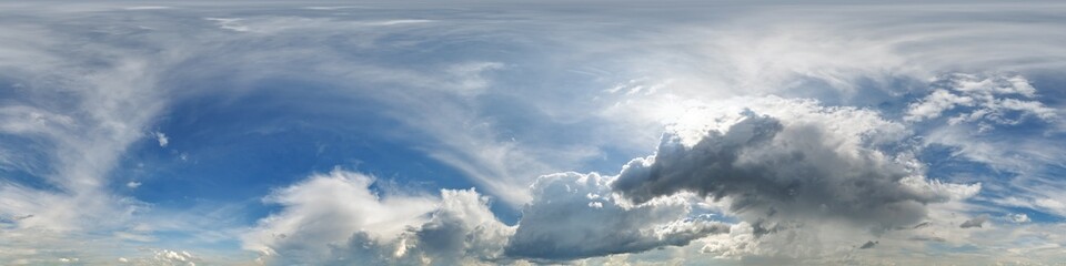 Wall Mural - blue sky hdri 360 panorama with dark clouds before storm in seamless equirectangular projection with