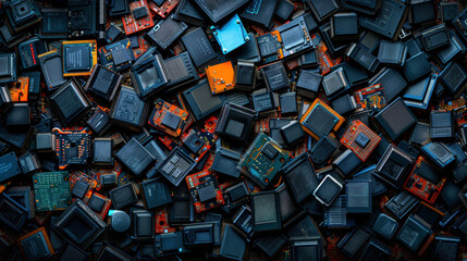 Poster - A close up of many different colored electronic components. The image is a collage of various electronic parts, including a variety of different colored chips. Scene is one of chaos and disarray
