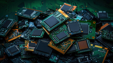 Poster - A pile of electronic components, including computer chips and circuit boards