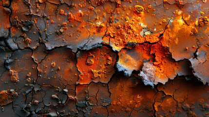 Poster - The image is of a rusty, cracked surface with orange and black spots. The surface appears to be old and worn, with a sense of decay and abandonment