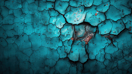 Poster - A blue wall with cracks and holes. The wall is blue and has a rough texture