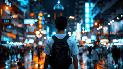 Poster - A man wearing a backpack is standing in the middle of a busy city street. The scene is illuminated by the bright lights of the city, creating a sense of energy and excitement