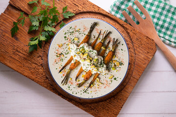 Poster - Oven roasted carrots with Italian burrata and pistachios.