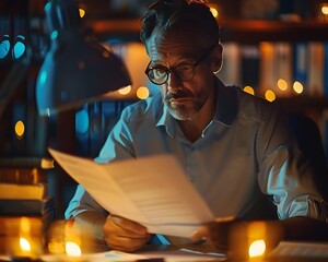 Poster - Focused Business Leader Examining Financial Reports Late at Night in Modern Office