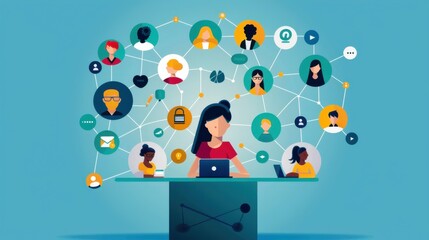 Poster - Virtual networking, professionals connecting online, flat design illustration