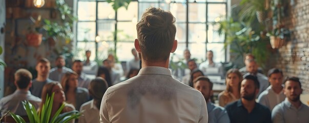 Poster - Dynamic business leader facilitating an engaging training session with a group of focused participants in a professional office setting