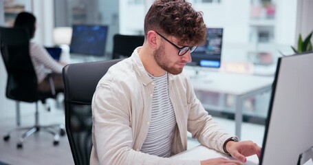 Poster - Typing, computer and business man at desk for online report, multimedia design or project proposal. Digital agency, professional and employee with pc for development, networking or email marketing