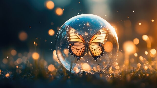 Butterfly encased in a bubble, with intricate details and a serene, magical atmosphere