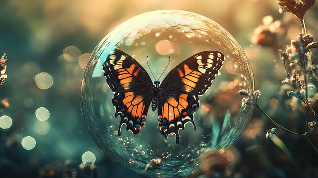 Butterfly encased in a bubble, with intricate details and a serene, magical atmosphere
