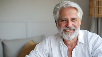 Wall Mural - Close-up portrait of a smiling gray-haired senior man at home