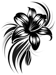 Canvas Print - A black and white flower tattoo on a white background. The flower is a lily and it is very detailed