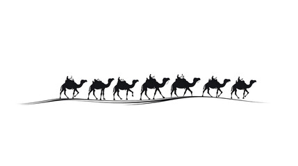 Black silhouette of Camel caravan on the desert illustration icon for logo, isolated on white background