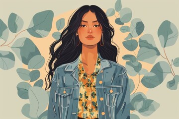 Wall Mural - Chinese minimalism illustration, portrait of an Indian woman with wavy black hair wearing a contemporary denim jacket over a patterned boho blouse, flat illustration 