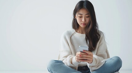 Aufkleber - Young beautiful Asian woman in casual clothes sitting on the floor and using her smartphone isolated white background chatting video call social media : Generative AI