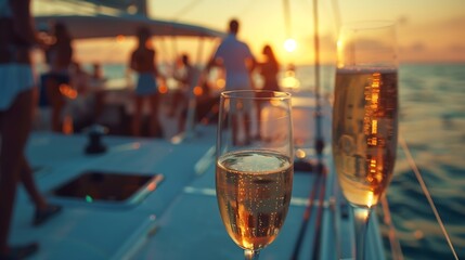 Sticker - Blurred Group of People man and woman friends enjoy party drinking champagne together while catamaran boat sailing at summer sunset Male and female relax outdoor lifestyle activity on  : Generative AI