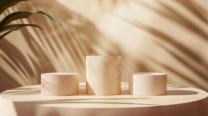 Poster - Three beige light podium for cosmetic product presentation : Generative AI