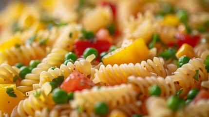 Wall Mural - Fresh Italian pasta with green peas bell peppers and corn Closeup Italian Cuisine : Generative AI