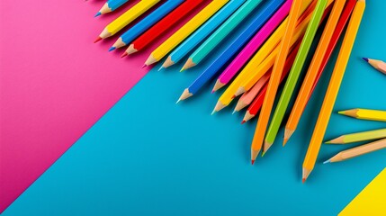 Poster - A row of colorful pencils on a blue background. The pencils are arranged in a way that they look like they are leaning against each other. The colors of the pencils are bright and vibrant